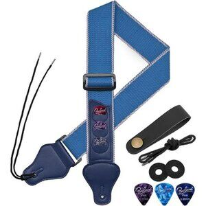 Adjustable guitar strap with leather ends and pick holder for acoustic electric